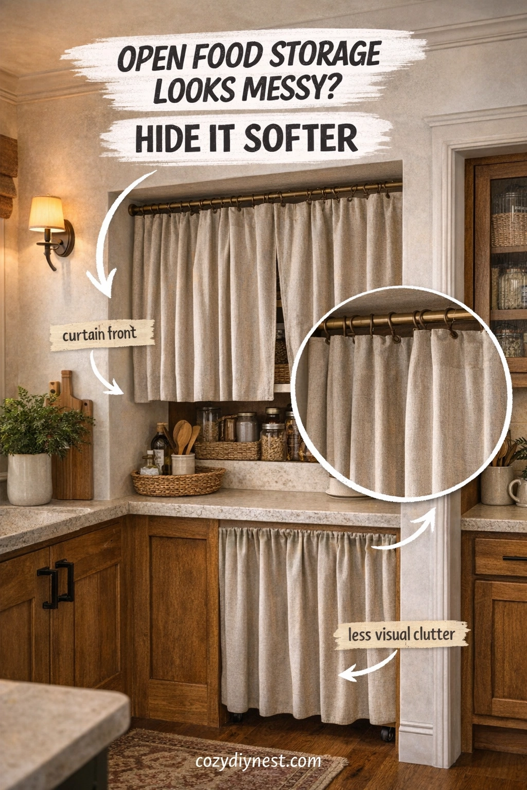 small pantry ideas with clear containers and woven pantry bins