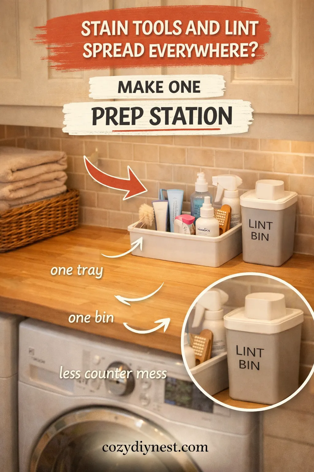 Stain and lint prep station making a laundry room counter feel cleaner