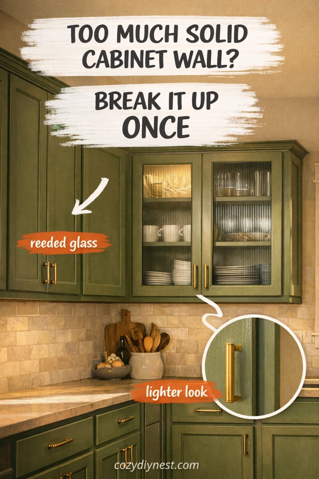 green kitchen cabinet ideas with one reeded glass cabinet section