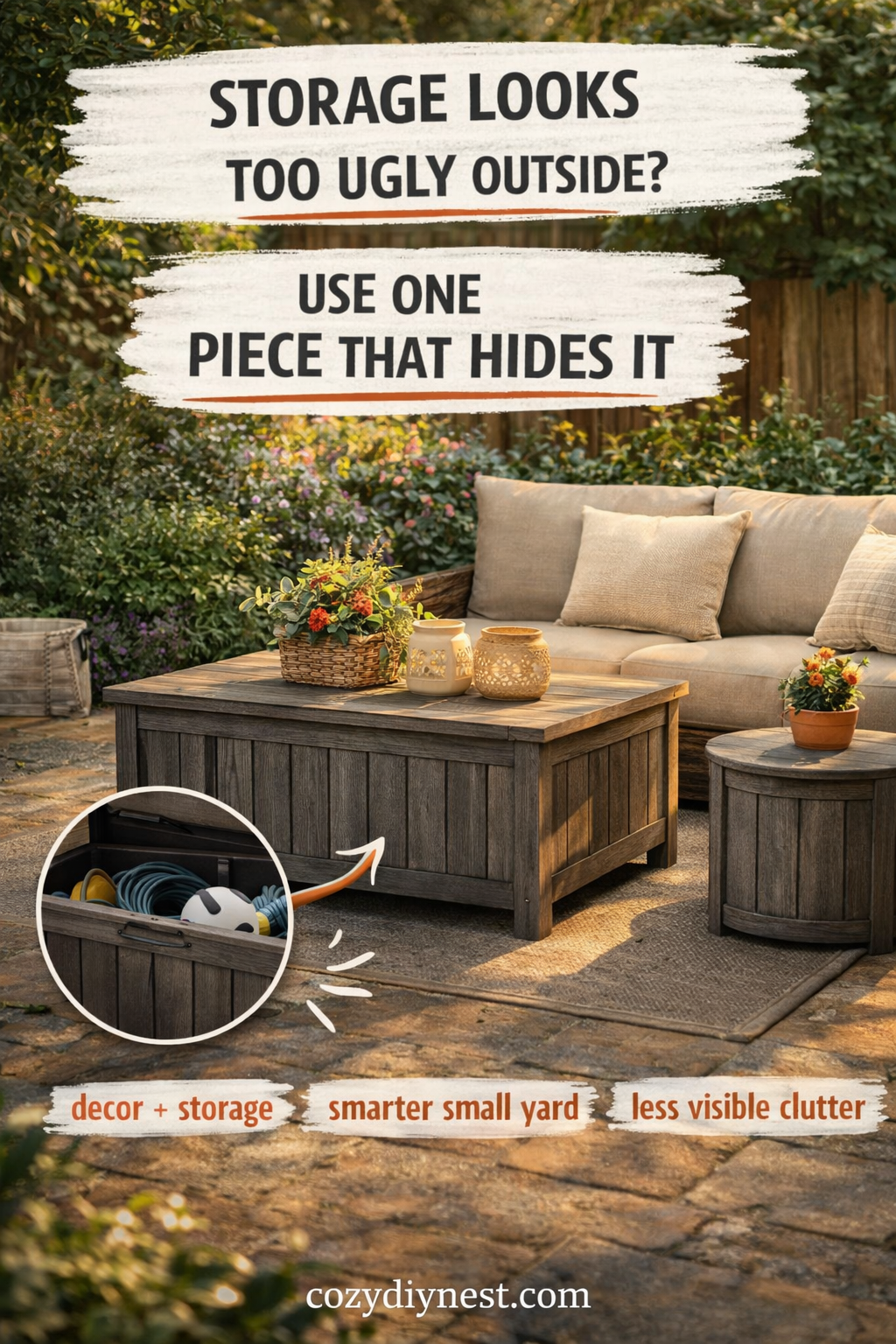 Outdoor storage piece doubling as decor in a cozy small backyard