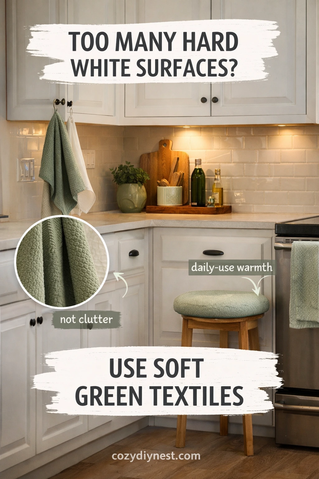 green kitchen accents through towels and soft textiles in a white kitchen