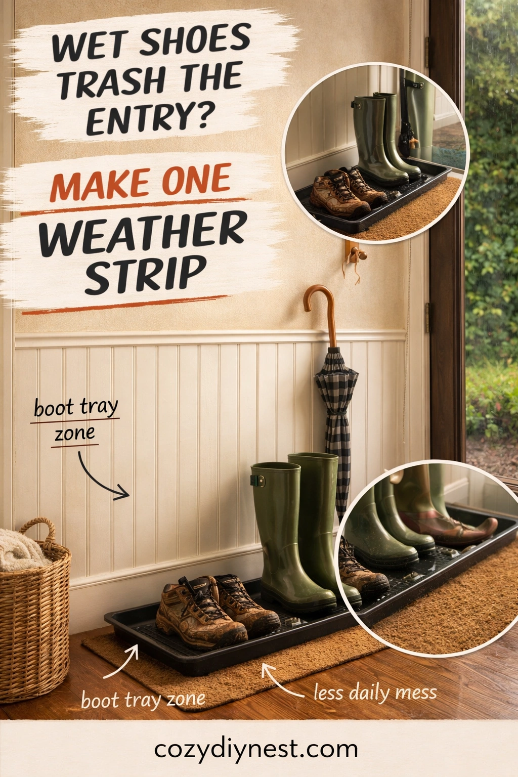 Boot tray and wipeable wall creating a weather-ready no-mudroom back door drop zone