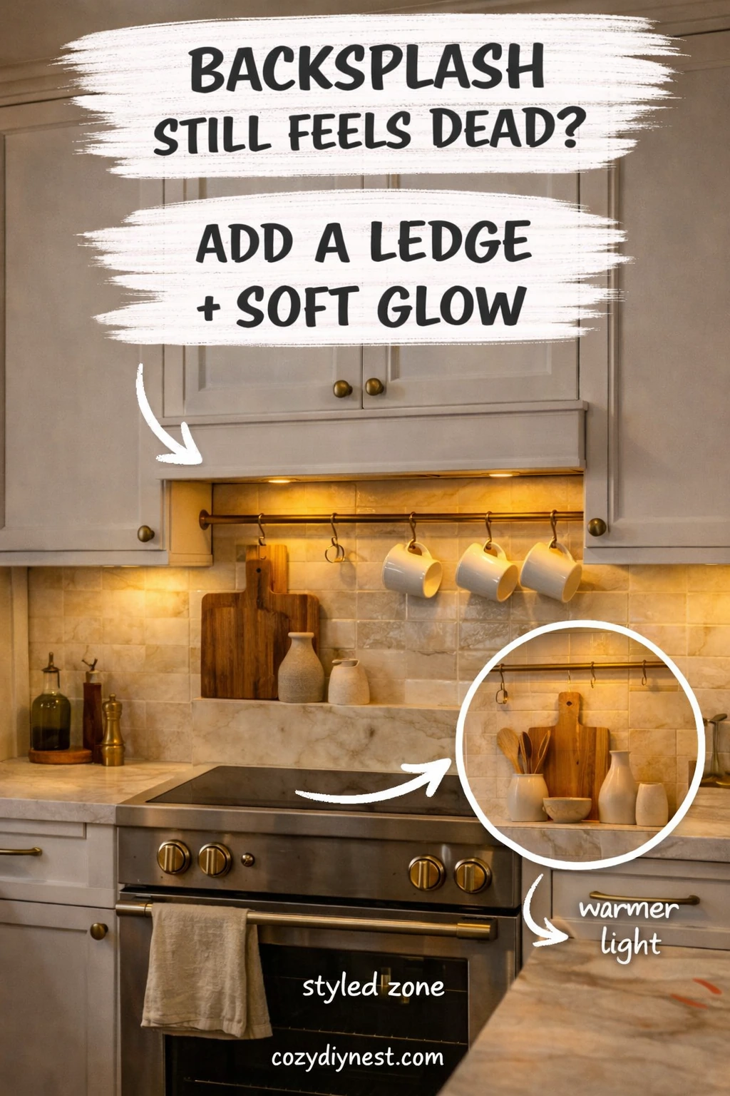 backsplash ideas for white cabinets with a slim ledge and soft lighting