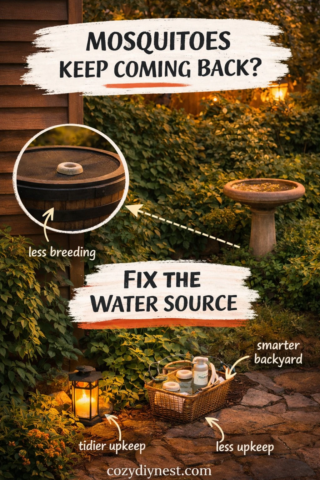Organized standing-water control and trimmed planting helping reduce mosquito pressure in a backyard