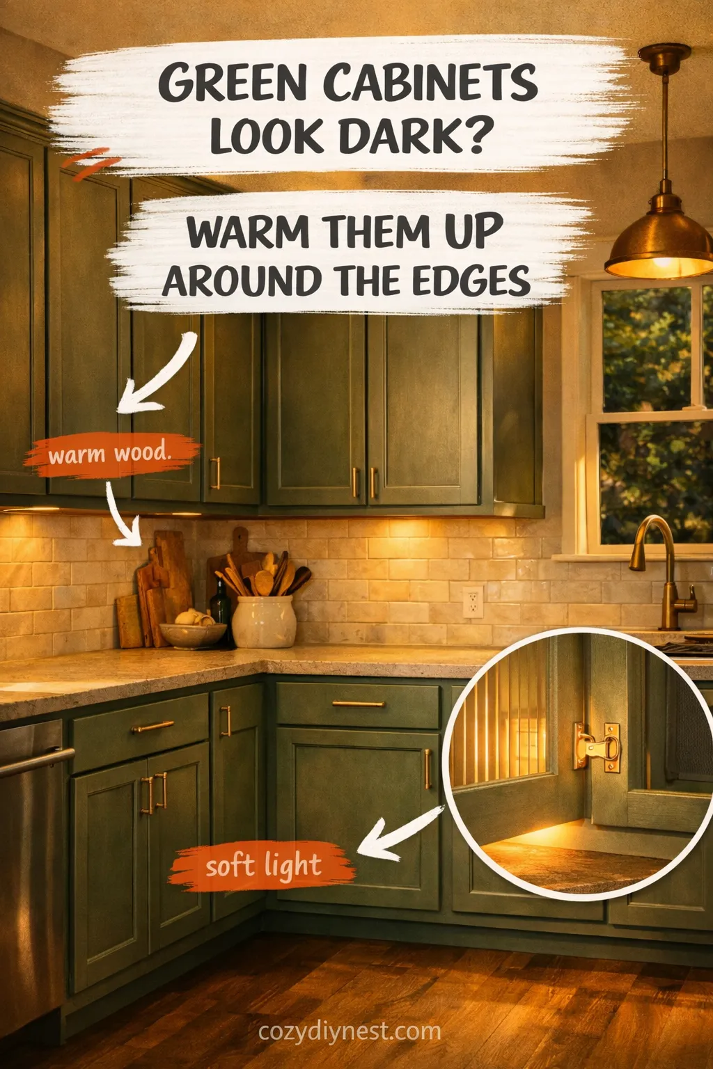 green kitchen cabinet ideas paired with warm wood and layered lighting