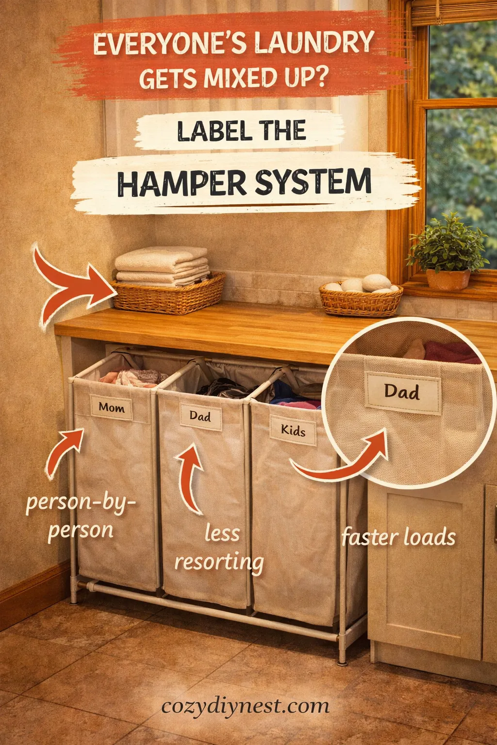 Labeled family hamper system making laundry sorting easier and faster
