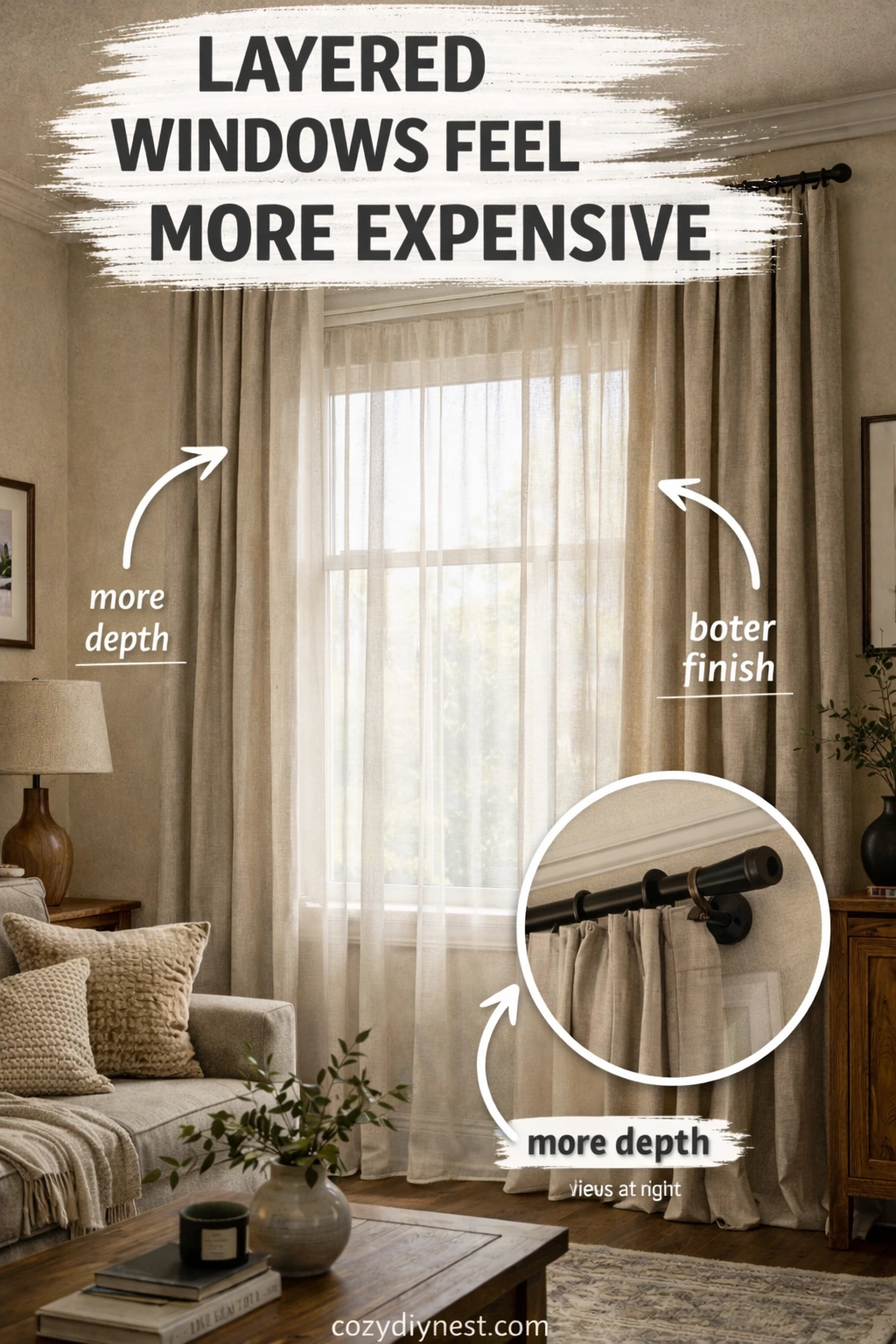 layered window treatments designed as a complete window system with sheers shades and drapes