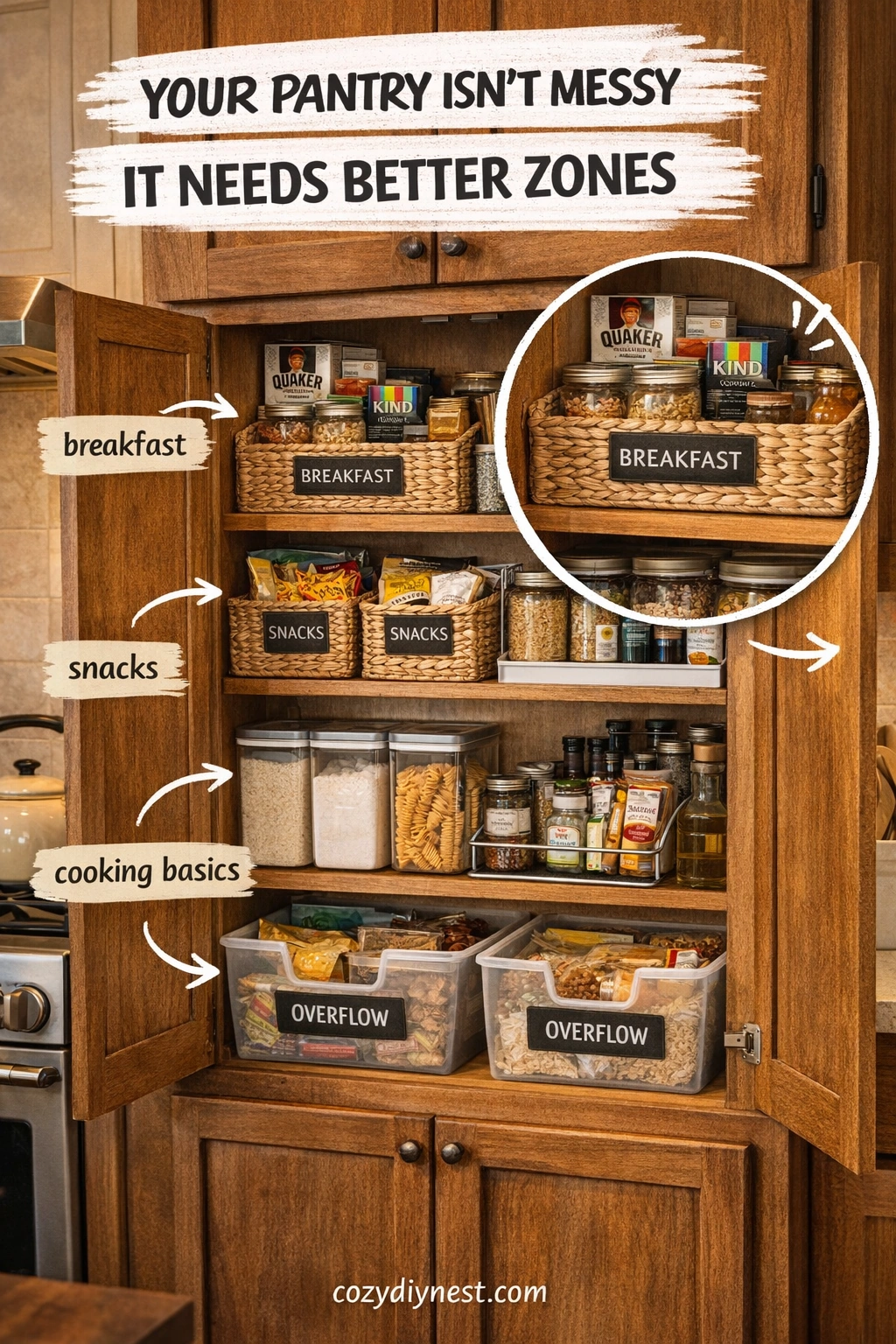 small pantry ideas with food grouped into labeled pantry zones by use