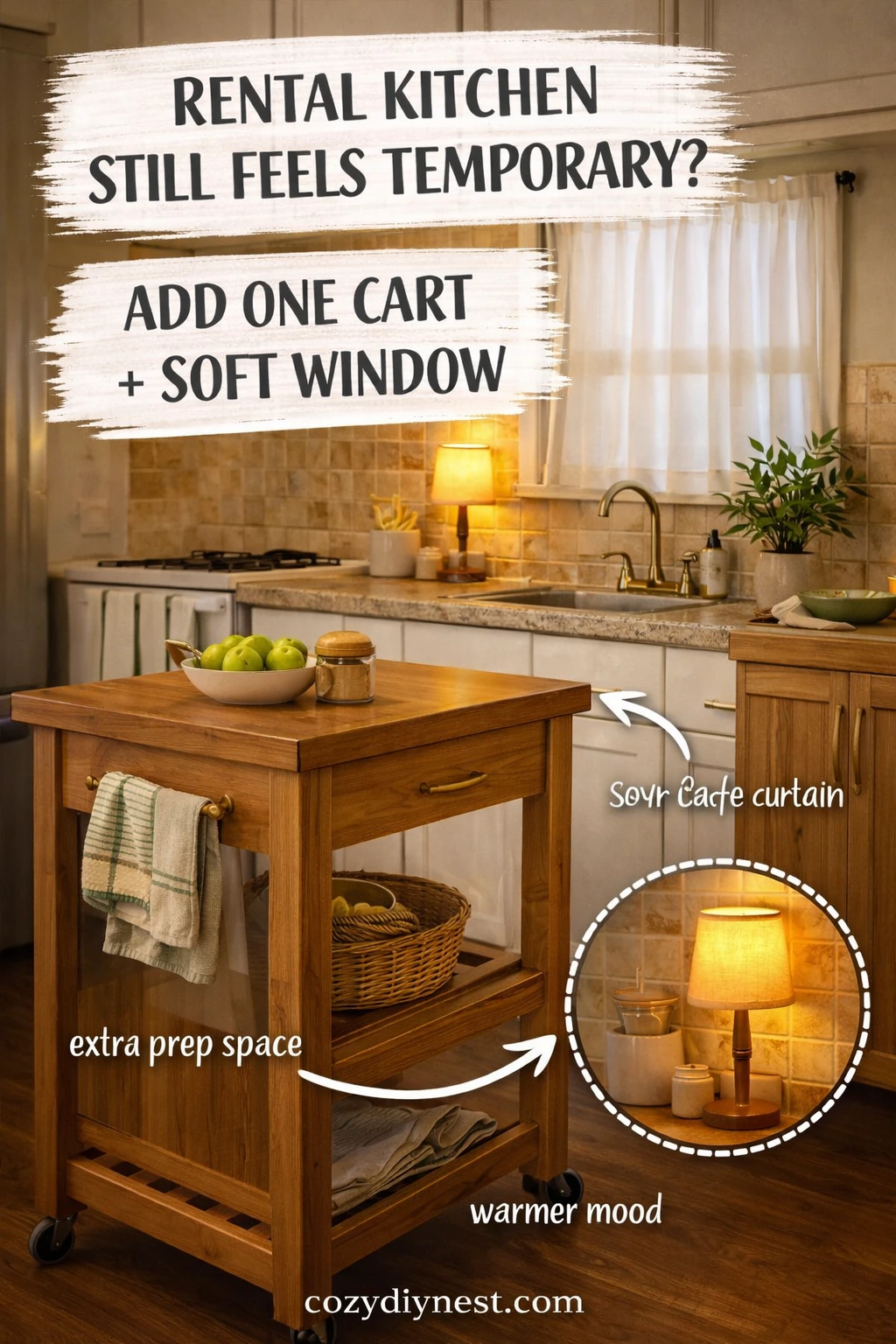 renter-friendly kitchen ideas with a cafe curtain and soft window layer in a rental kitchen