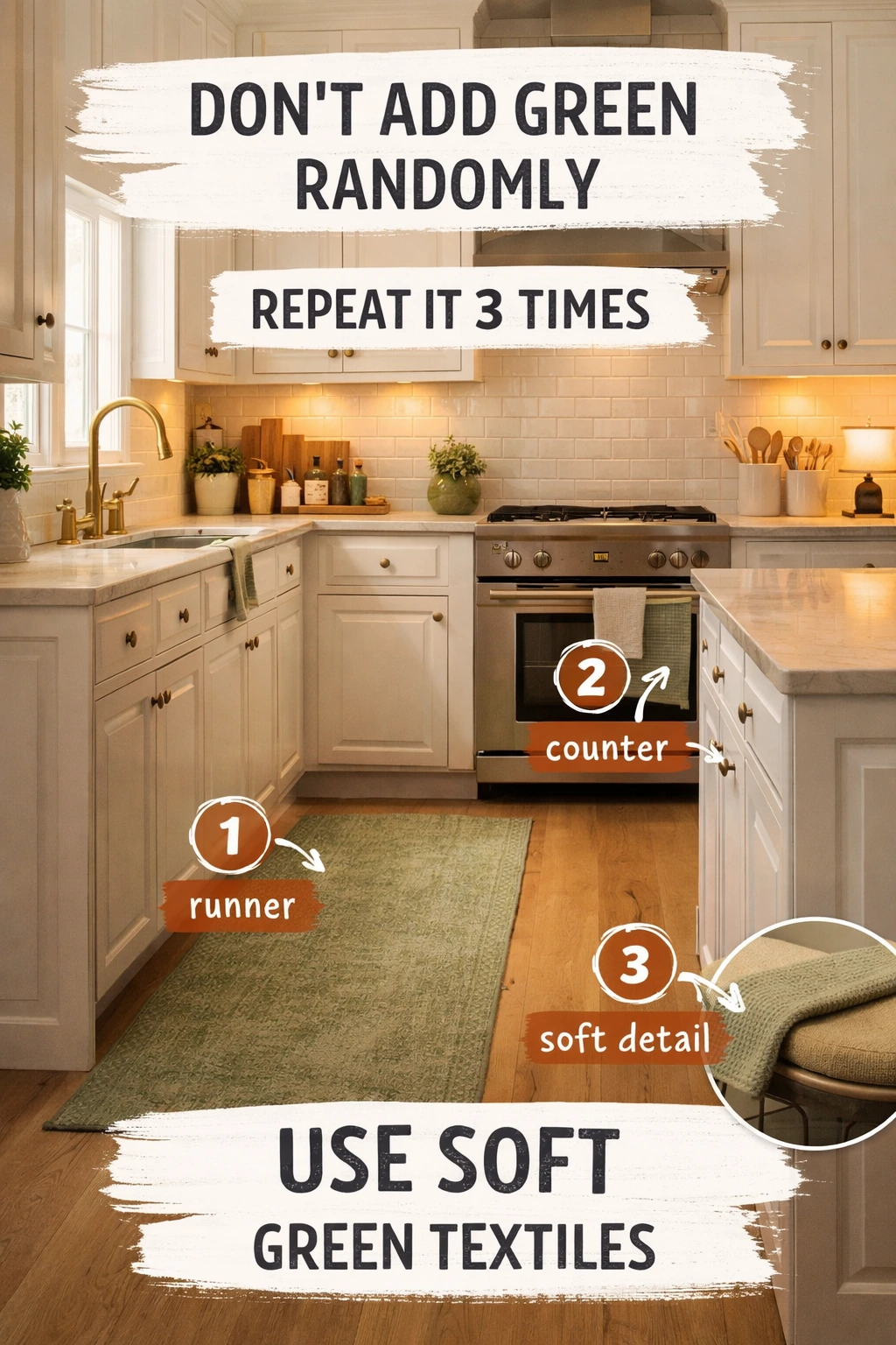 green kitchen accents repeated in three intentional places in a white kitchen