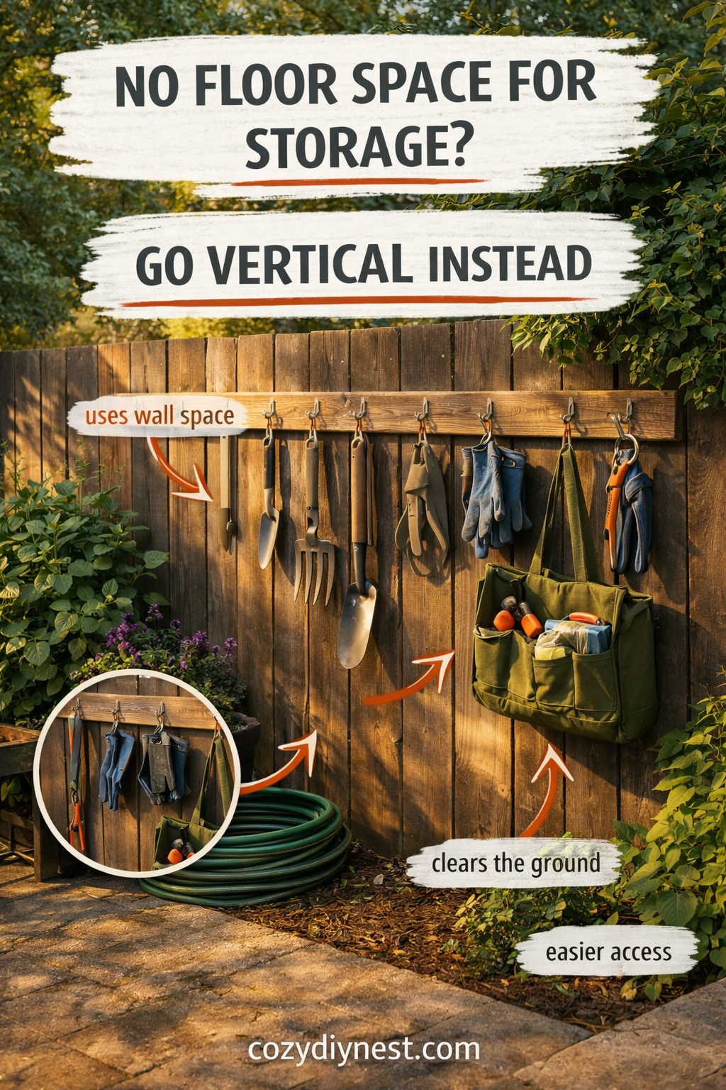 Vertical hook rail organizing outdoor tools in a small backyard