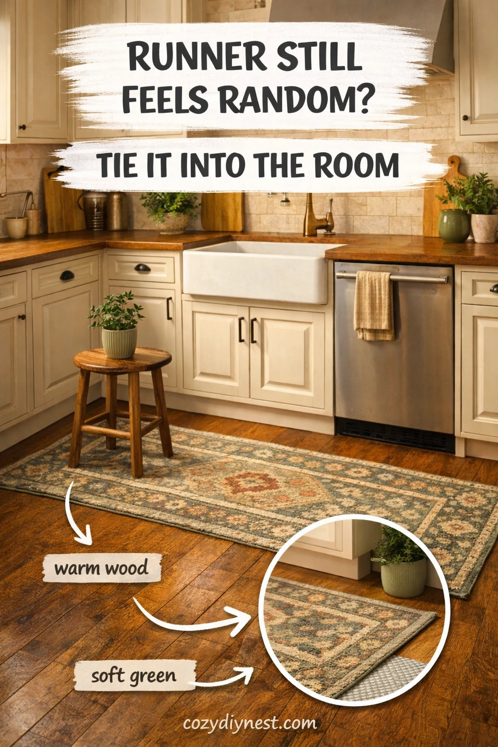 kitchen runner ideas tied into the room with warm wood and green details