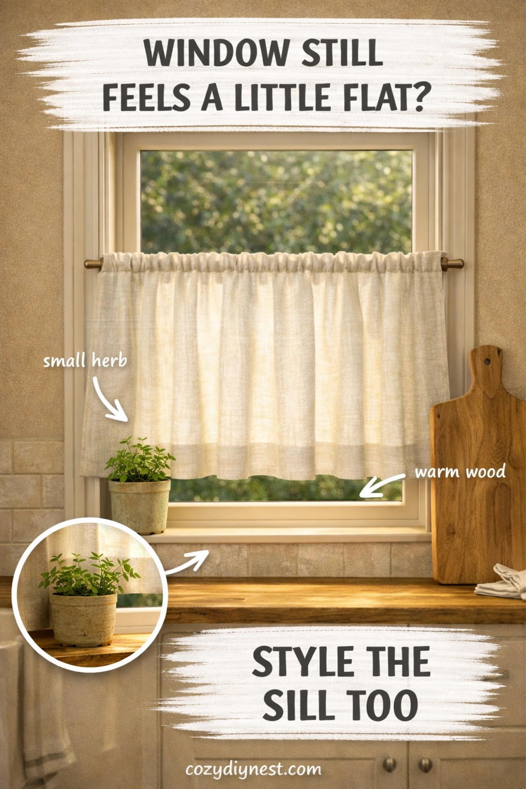 kitchen window treatment ideas with a small herb and warm wood detail near the window