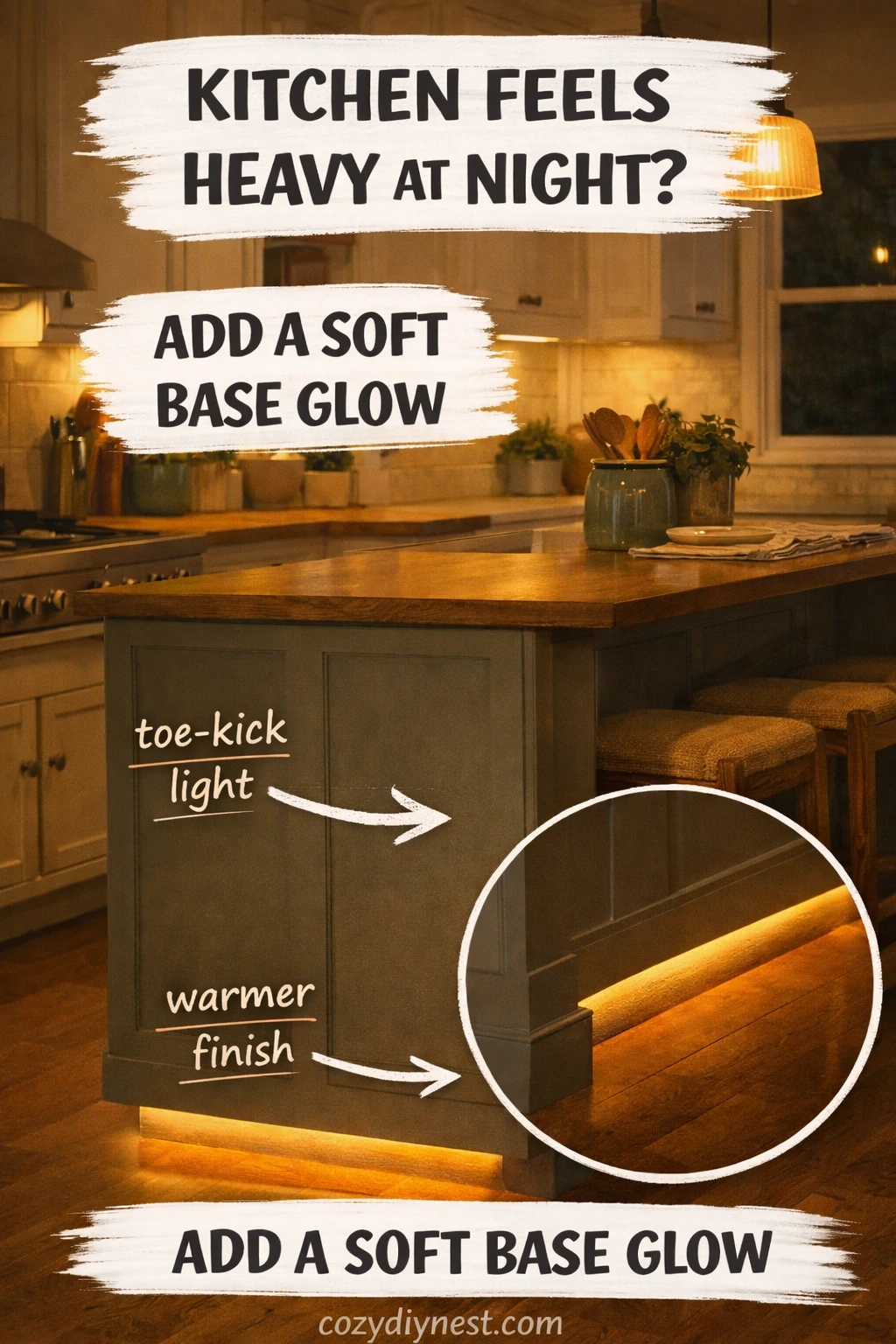 warm kitchen lighting ideas with soft toe kick glow under cabinets and island