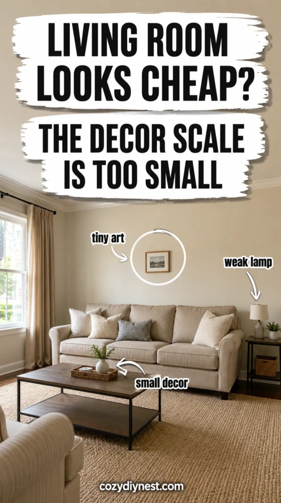 living room decor scale showing tiny decor pieces making a living room look cheap and unfinished
