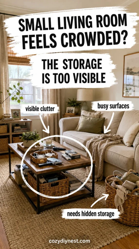 small living room storage ideas showing visible everyday clutter on surfaces making the room feel crowded