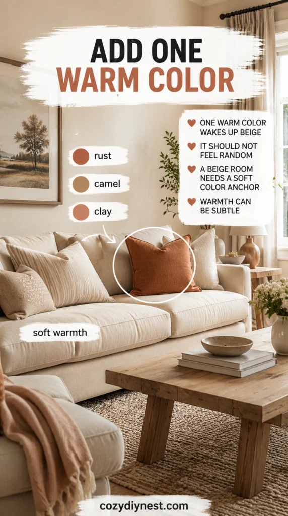 beige living room with one warm accent pillow adding color and warmth