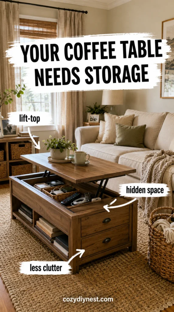 small living room storage ideas with a lift top coffee table hiding remotes books and chargers