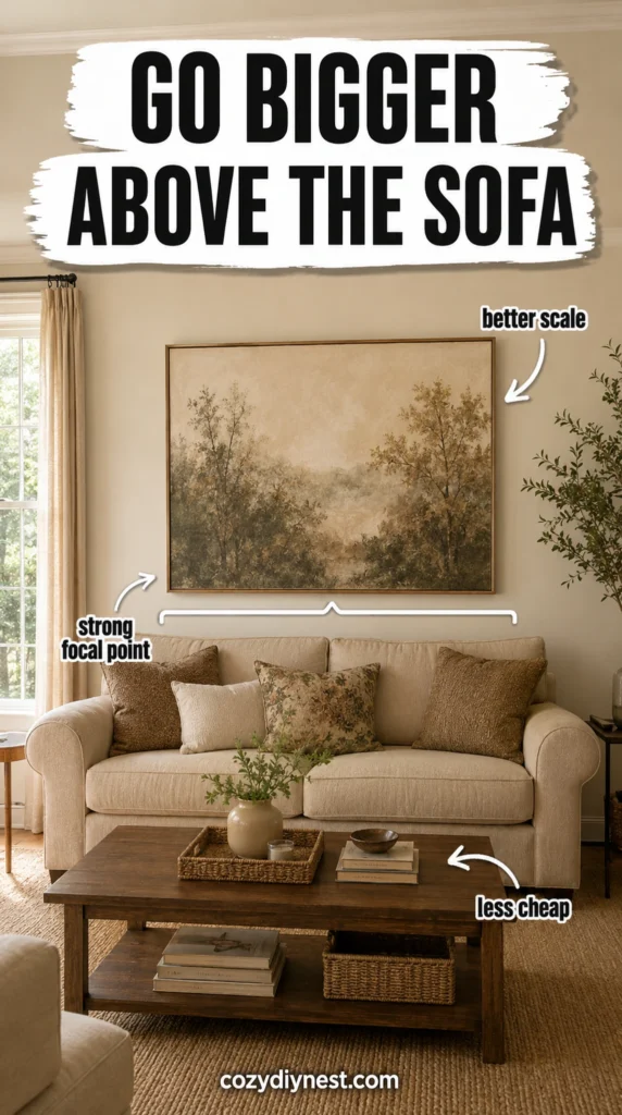 oversized wall art fixing living room decor scale above a beige sofa
