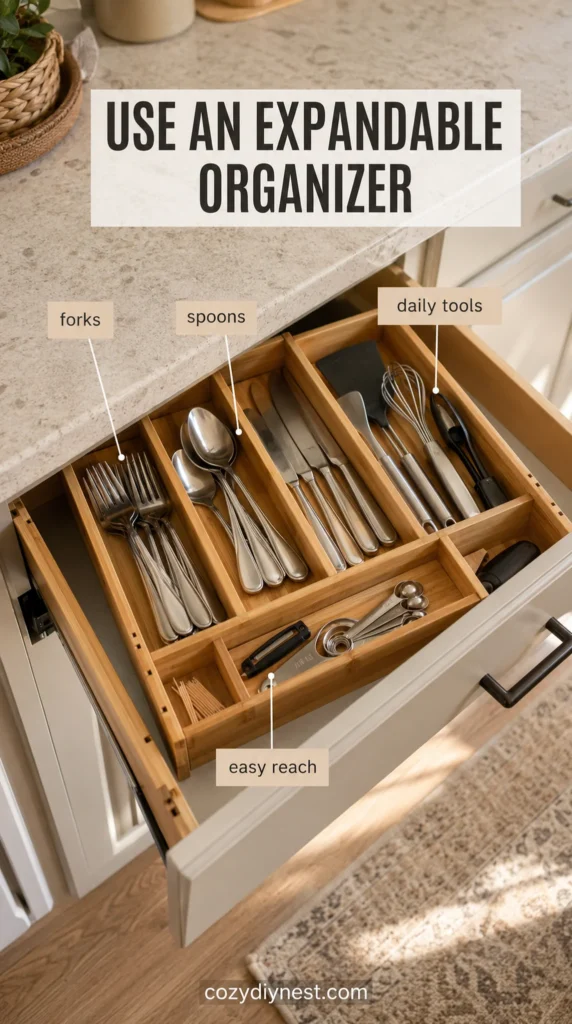 kitchen drawer organization ideas with long dividers for spatulas tongs whisks and wooden spoons