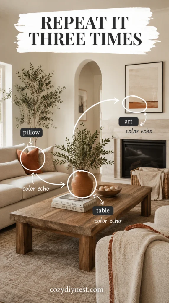 beige living room ideas showing warm color repeated in pillow table decor and artwork