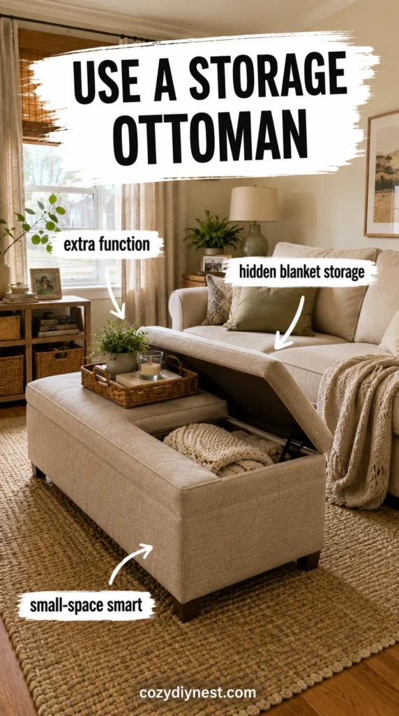 small living room storage ideas with a stylish storage ottoman hiding blankets and extra living room items