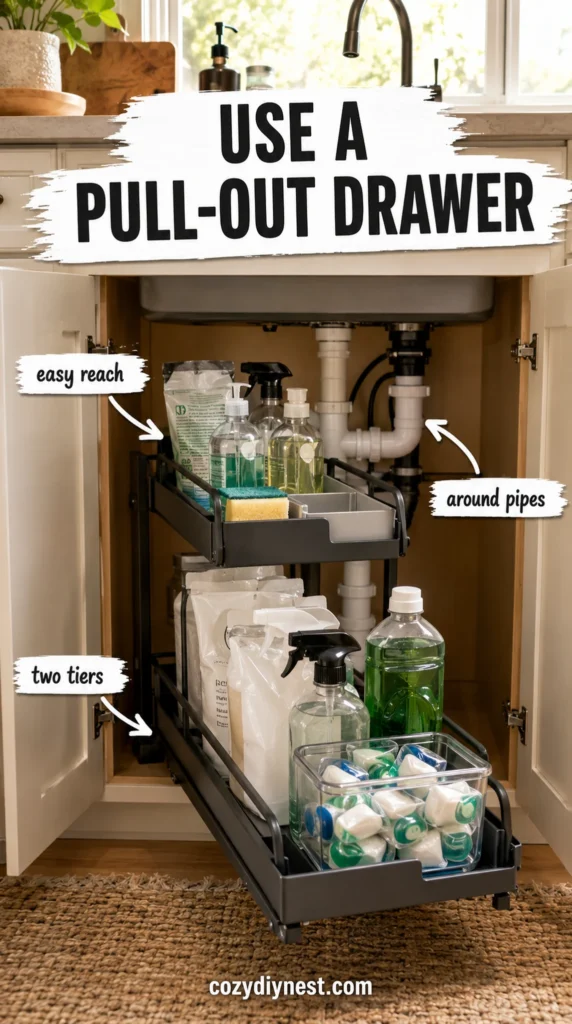 under sink kitchen organization ideas with a cleaning spray caddy and bottle zone