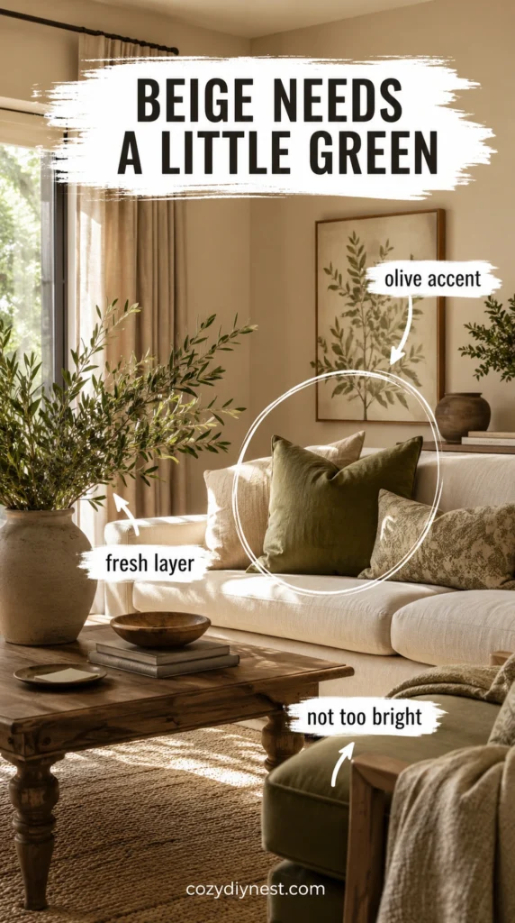 beige living room with olive green accents and greenery adding freshness and warmth