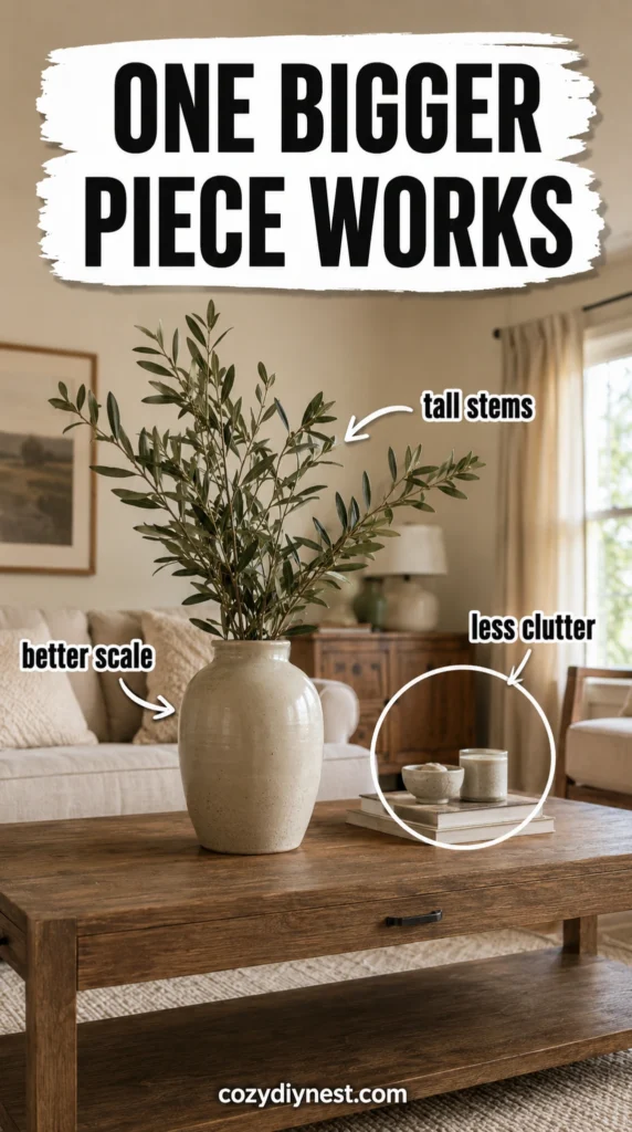 larger ceramic vase with tall stems fixing living room decor scale on a coffee table