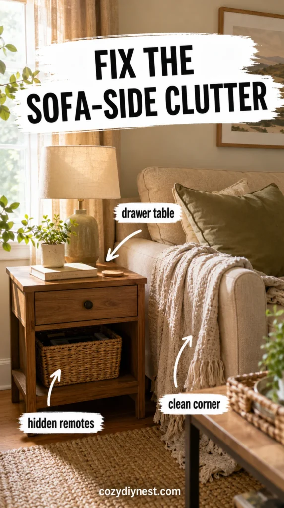 small living room side table with drawer for hidden storage beside the sofa