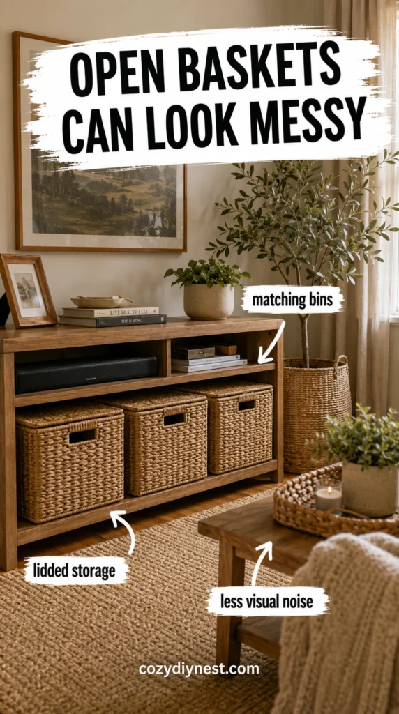 small living room storage ideas using matching lidded baskets instead of open messy baskets