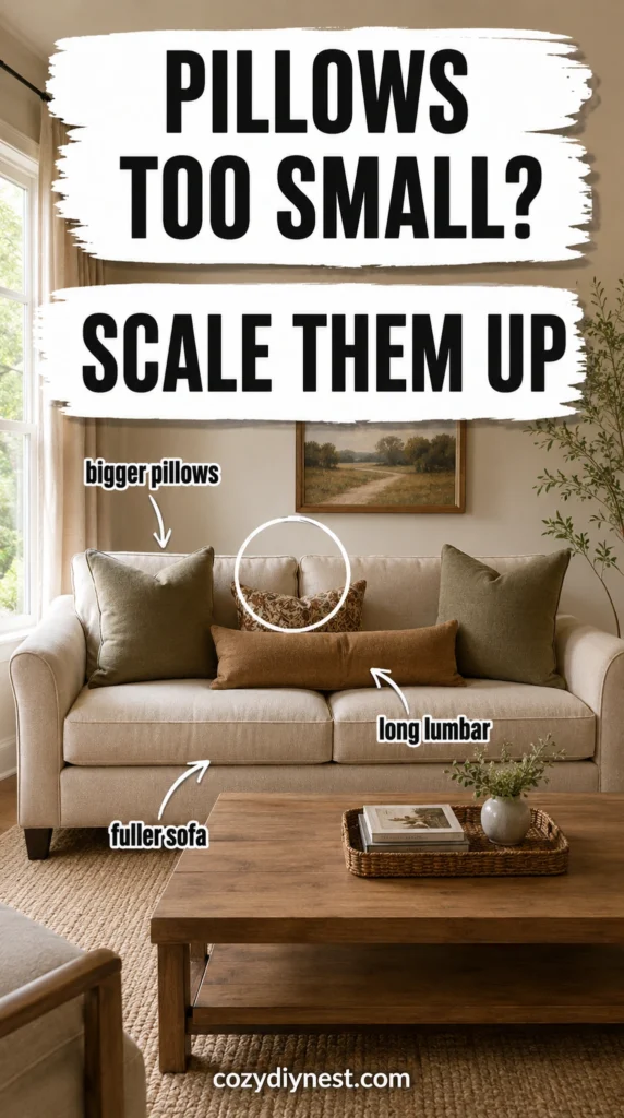 larger pillows and long lumbar pillow fixing decor scale on a beige sofa