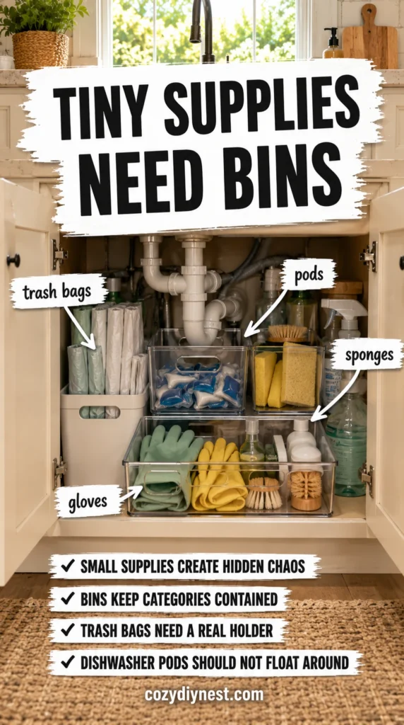 under sink kitchen organization ideas using cabinet door hooks for gloves sponges and dish brushes