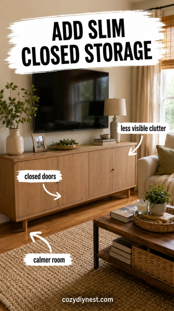 small living room slim media console or sideboard with closed storage doors