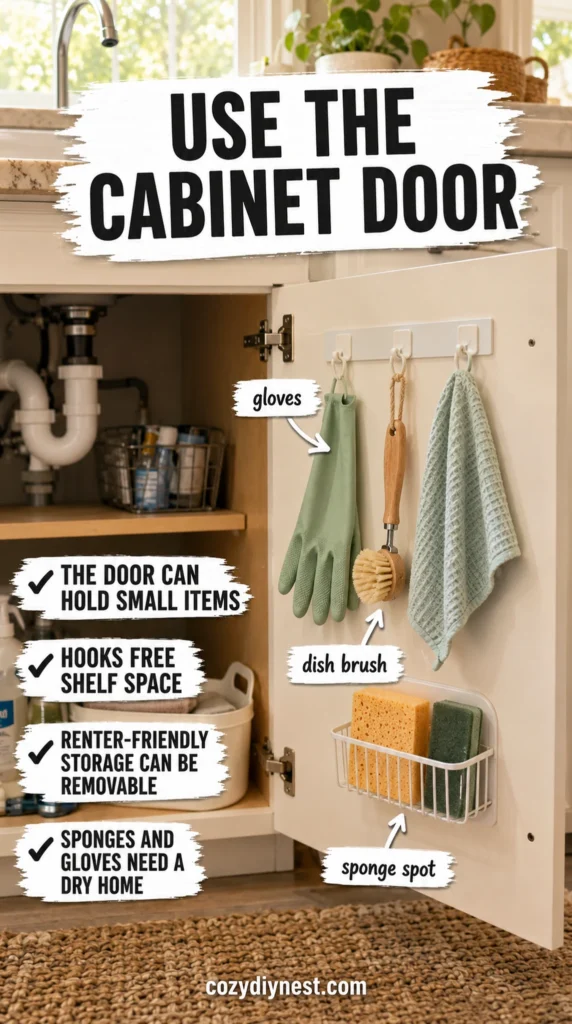 under sink kitchen organization ideas with an under sink mat and organized cleaning supplies around pipes