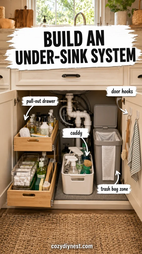 under sink kitchen organization ideas showing a complete system with pull out drawer bins caddy mat and door hooks