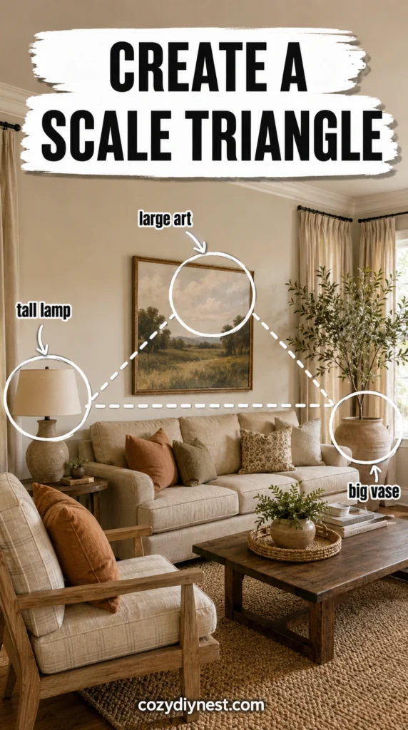 living room decor scale triangle using large art tall lamp and big vase for a finished room