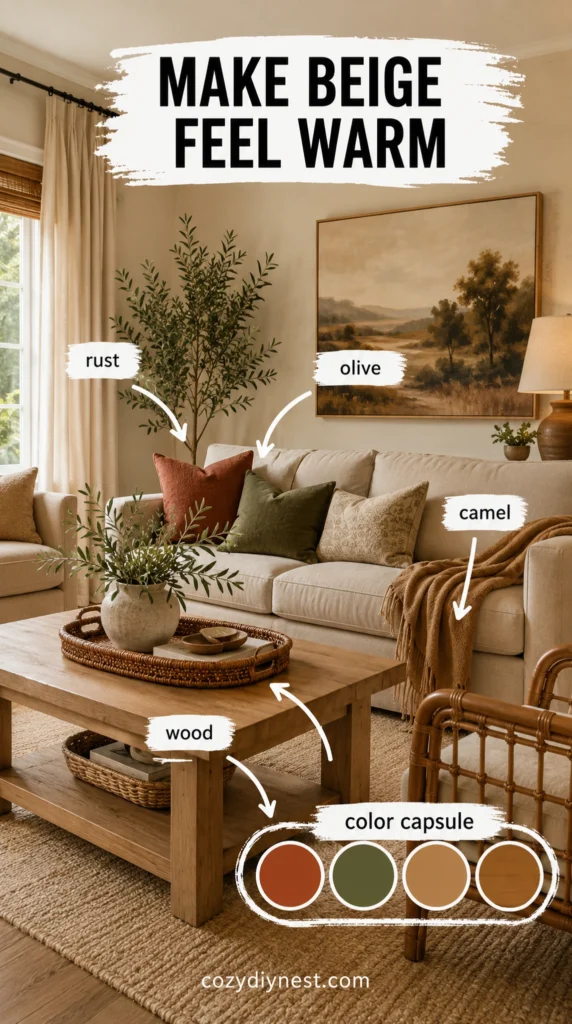 beige living room ideas showing a warm color capsule with rust olive camel and wood accents
