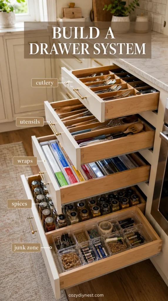 kitchen drawer organization ideas showing a full small kitchen drawer system with cutlery utensils wraps spices and junk zones