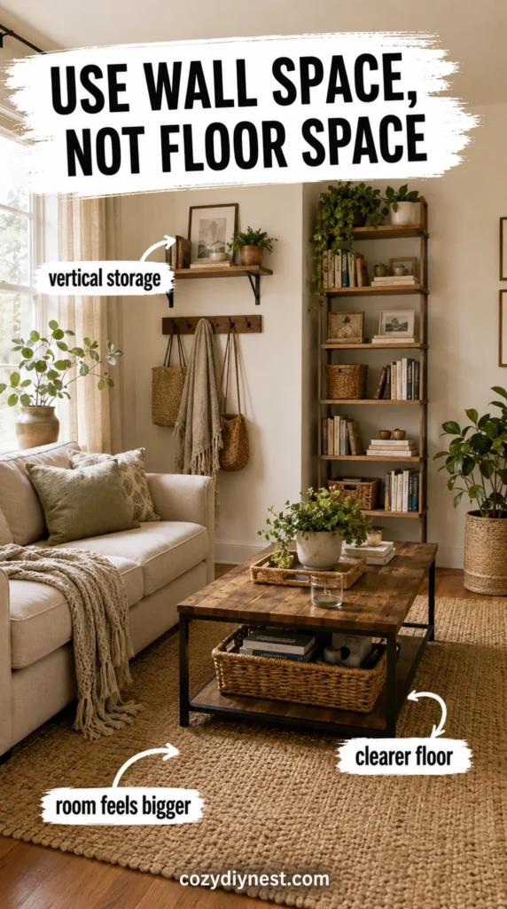small living room vertical storage with wall shelves and tall bookcase to clear the floor