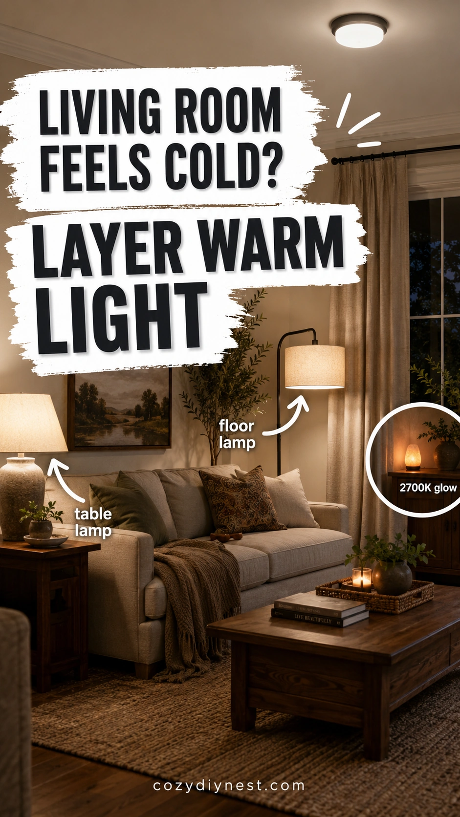 how to make a living room feel cozy with layered warm lighting
