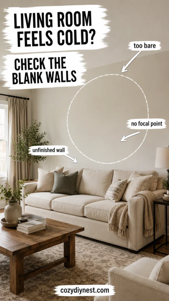 living room wall decor ideas showing a blank wall above a sofa making the room feel cold and unfinished