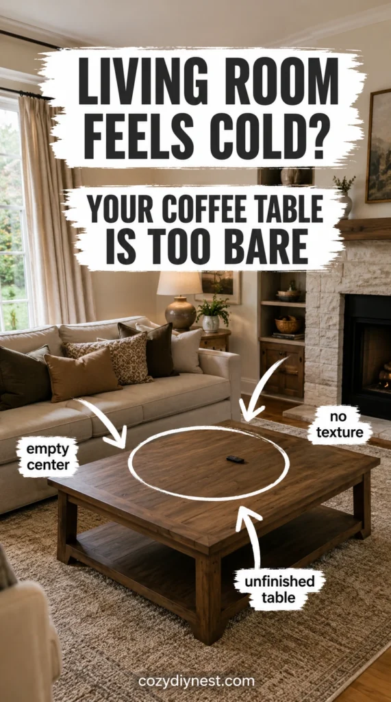 coffee table decor ideas showing a bare coffee table making a living room feel cold and unfinished