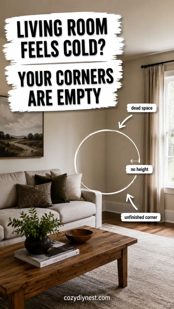 living room corner ideas showing an empty corner making a warm living room feel cold and unfinished