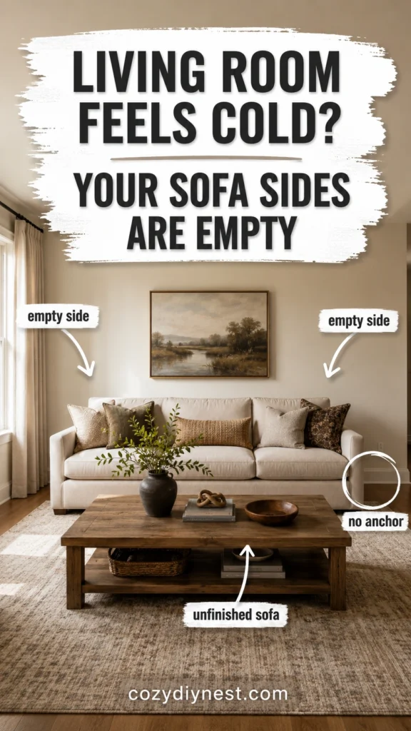 living room side table decor showing empty sofa sides making a living room feel cold and unfinished