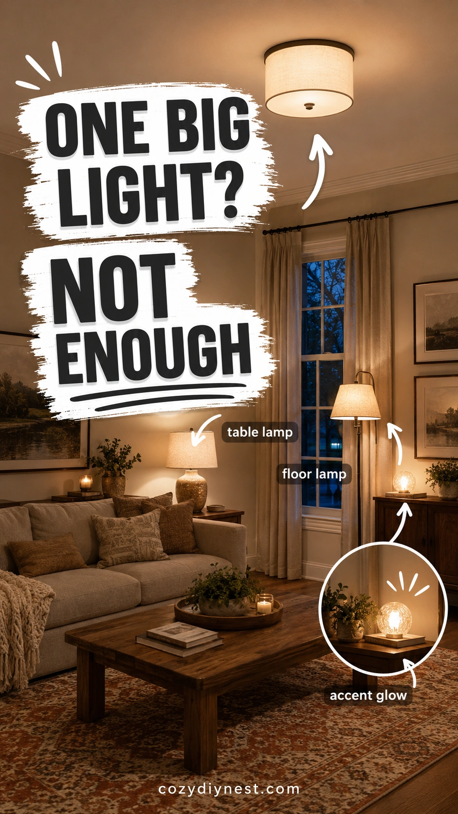layered lighting living room showing why one ceiling light is not enough
