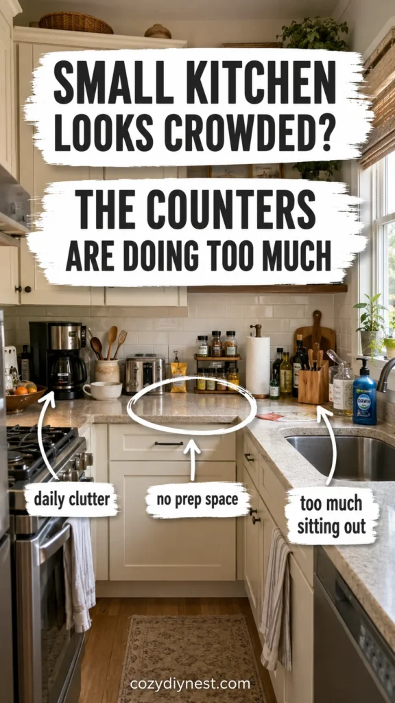 small kitchen organization ideas showing crowded counters with appliances spices and daily clutter