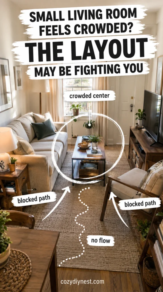small living room layout ideas showing a crowded room with blocked walking path and awkward furniture flow