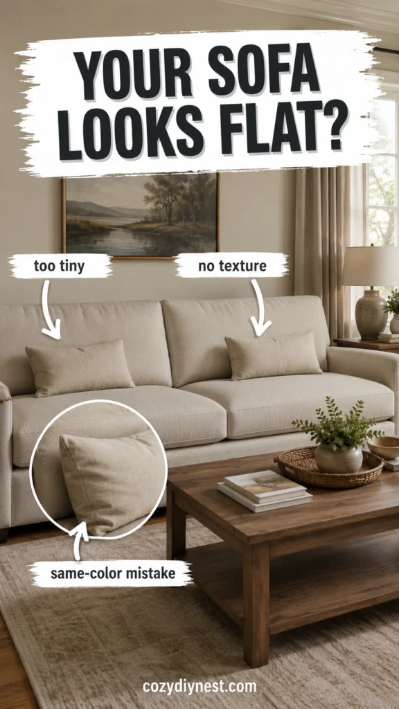 throw pillow ideas for living room showing tiny flat pillows making a beige sofa feel cold and unfinished