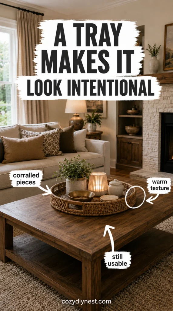 warm coffee table tray decor creating structure on a cozy living room coffee table
